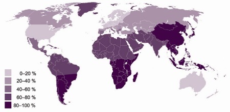 Mapa de la frecuencia mundial de intolerancia a la lactosa